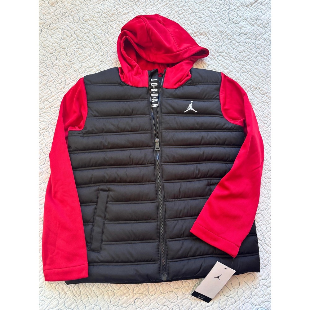 Jordan Boys Red Black Mixed Media Hooded Puffer Jacket Size Medium